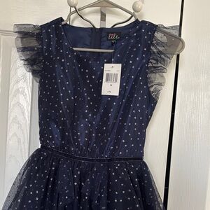 lilt Navy Tulle Dress with Silver Dot Accents